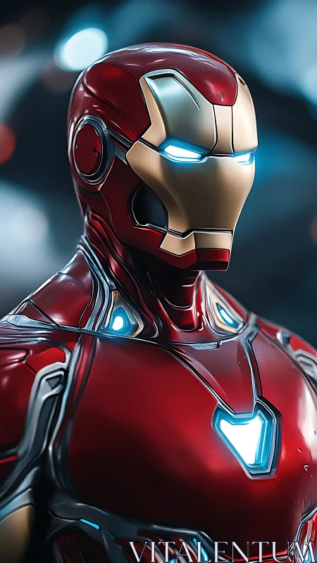 Armored red exosuit portrait rendered in hyperreal 3D lighting