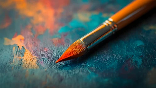 Vibrant paintbrush rests on textured teal and orange canvas
