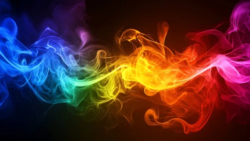 Radiant multicolor smoke wave over dark negative space field.