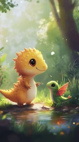 Cute dragon hatchlings by forest stream in soft light.