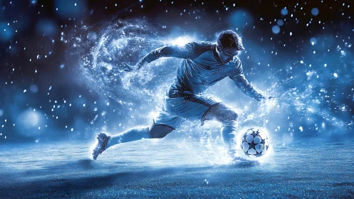 Soccer player in motion with blue energy effects at night.