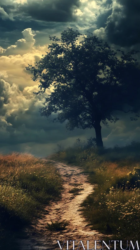 Dramatic country path curves toward lone tree under storm sky