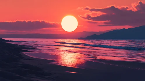 Glowing sun settles over calm waves on a peaceful shore