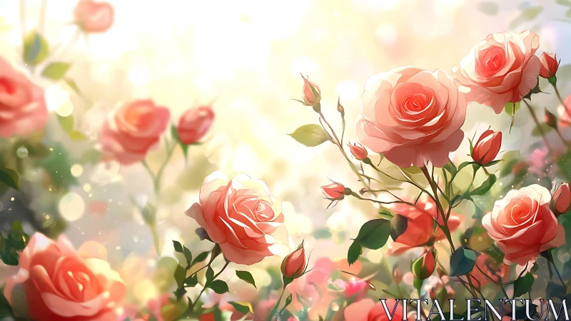 Soft coral roses bloom in sunlit garden splendor