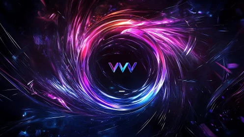 Neon vortex halo swirling around prismatic VVV emblem.