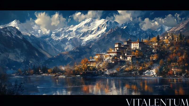 Mountain town by lake under snowcapped peaks at dusk.