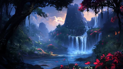 Luminescent rainforest waterfalls under twilight sky.