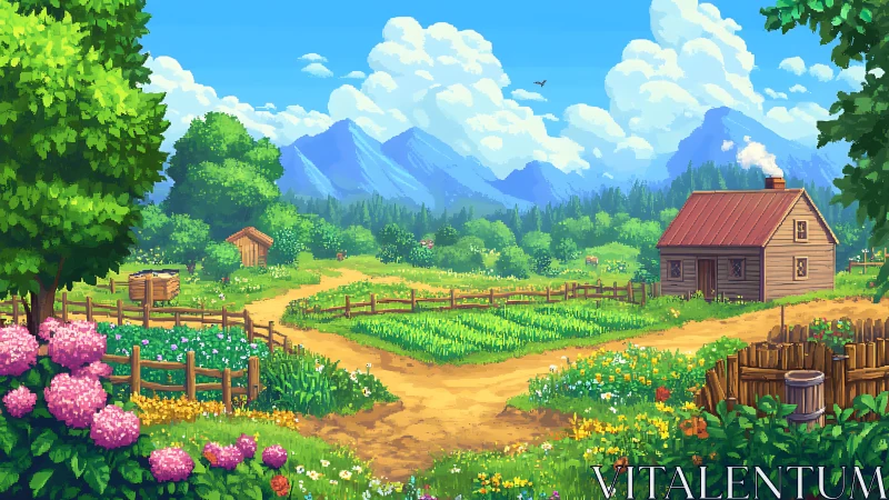 Sunlit pixel farm crossroads beneath storybook mountains.