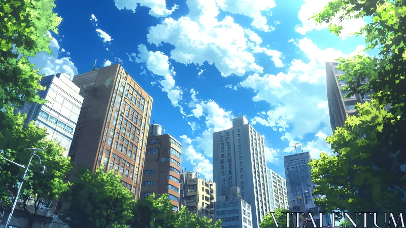 Urban midrise buildings stand beneath scattered cumulus clouds