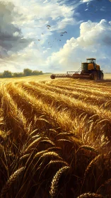 Harvest tractor cuts golden wheat under dynamic sky.