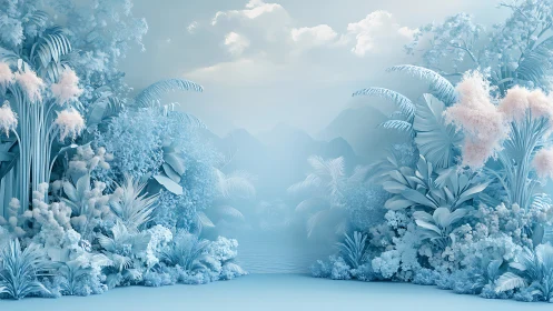 Dreamy pastel jungle opening onto soft misty mountains.