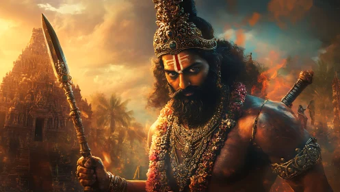 Warrior demigod guards blazing temple under storm sky.