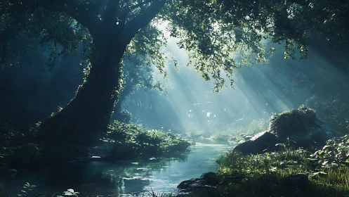 Forest River with Dramatic Light Rays Through Canopy