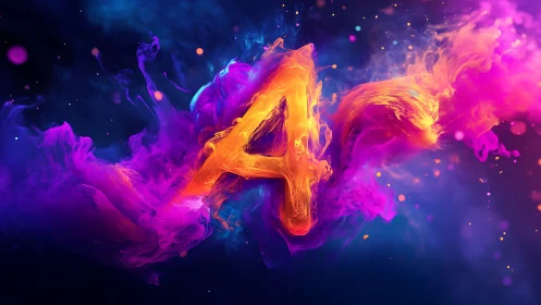 Luminous letter A formed in neon smoke on cosmic gradient.