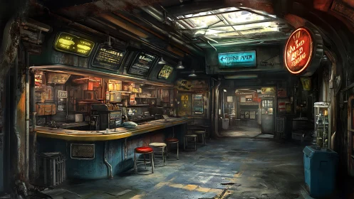 Cyberpunk alley ramen bar with neon signage and worn metals