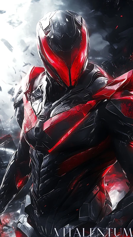 Red-black exosuit combat android in dynamic storm-lit stance