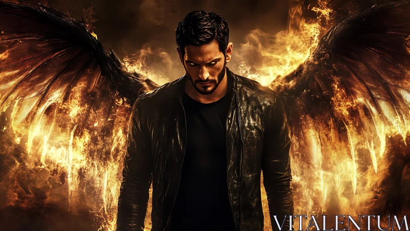 Winged humanoid figure in fire-lit digital composition.