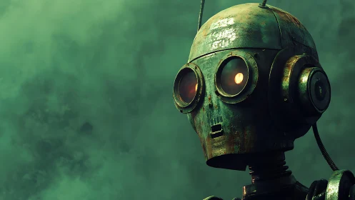 Corroded binocular robot head in cinematic green haze profile.