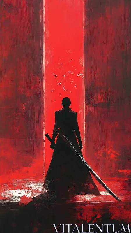 Silhouetted warrior before crimson portal in stark chiaroscuro.