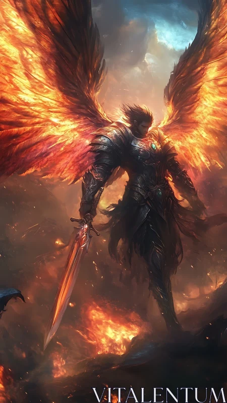 Flaming-winged armored angel descends through molten skies.