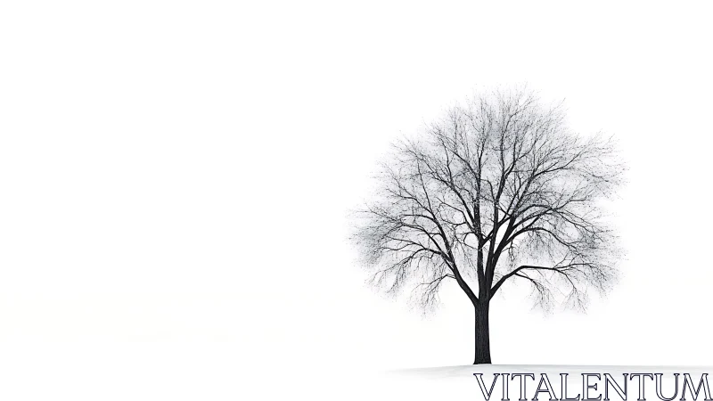 Single bare tree on snow against white winter sky.