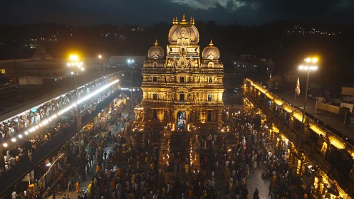Golden Hindu temple glows over dense evening pilgrimage crowd
