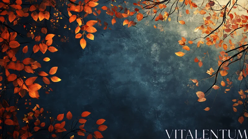 Orange autumn leaves framing textured dark blue background.