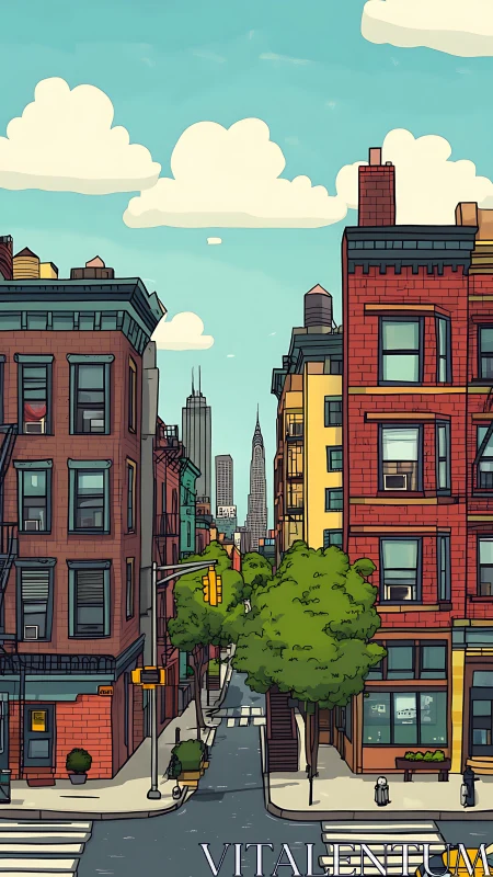 Sunlit city canyon where brick towers cuddle the blue sky.