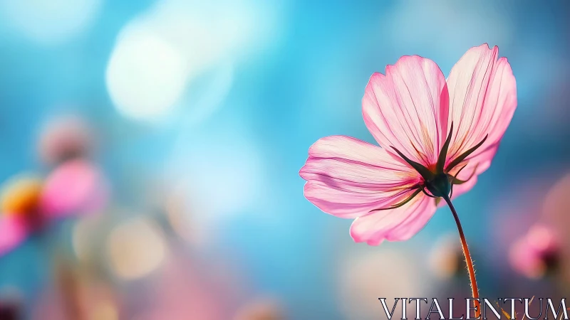 Pink cosmos flower silhouetted against luminous blue sky