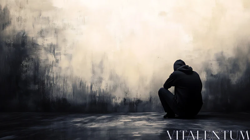 Seated hooded figure against large textured abstract wall.