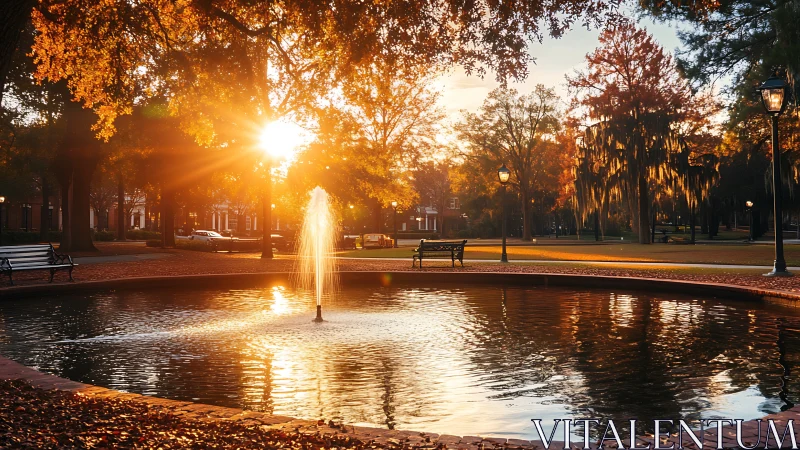 Sunlit city park fountain with autumn trees and benches.