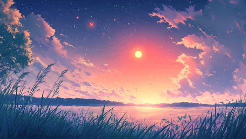 Radiant sunset glows over tranquil lakeside horizon