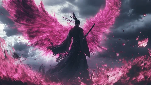 Backlit katana seraph amid magenta plasma wing ignition.