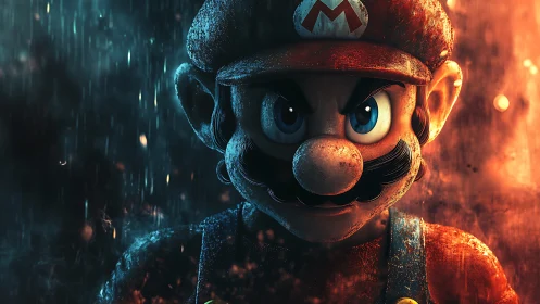 Video game plumber character rendered in dramatic 3D lighting