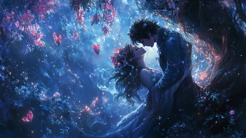 Ethereal Lovers Surrounded by Luminous Flowers in Mystical Cavern.
