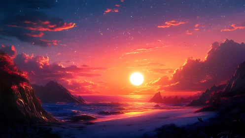 Sunswept dream coast ignites under neon-tinted twilight sky.