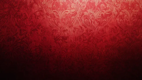 Ornate crimson damask wallpaper under soft vignette glow.