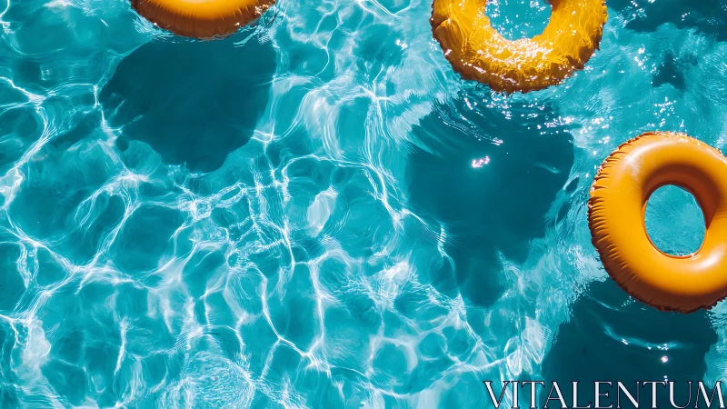 Yellow pool floats drift across clear turquoise water