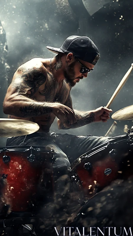 Tattooed drummer executes dynamic performance amid airborne debris