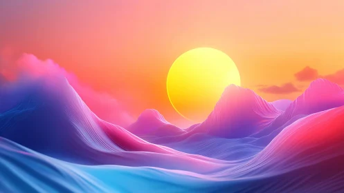 Neon sunrise bathes flowing pastel mountains in soft glow.