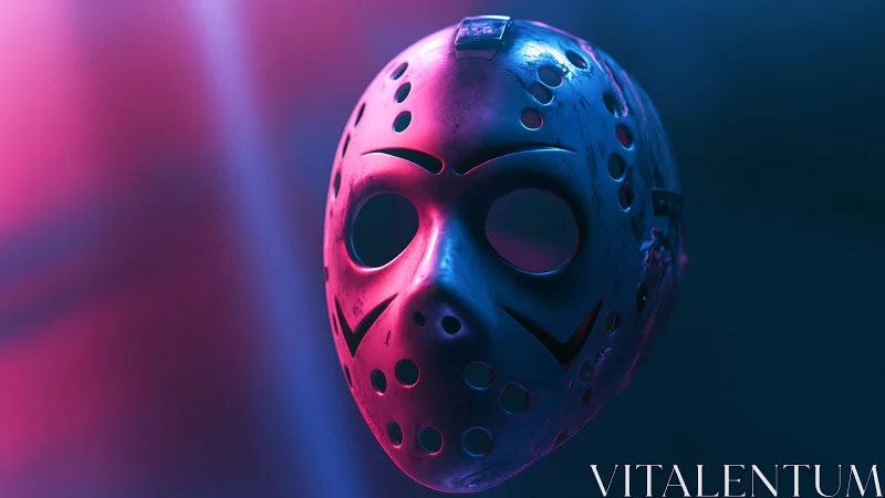 Hockey goaltender mask suspended in neon magenta and cyan light