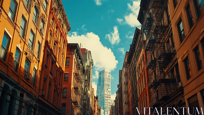 Low-angle urban canyon with sunlit facades and distant tower