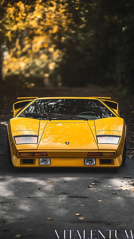 Yellow vintage sports car parked on shaded forest road.