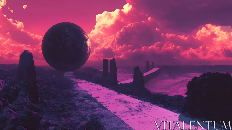 Neon astral causeway with levitating sphere and monolith ruins.