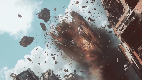 Skyscraper disintegration under ballistic impact in midair.