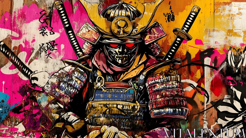 Cyber samurai dominates neon graffiti battlefield wall.