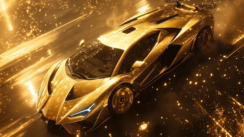 Gold metallic hypercar rendering in dynamic particle field