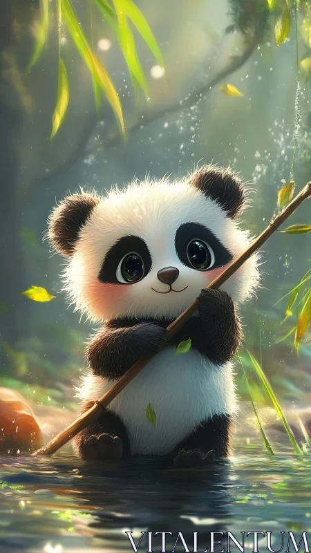 Baby panda grips bamboo staff in sunlit forest stream