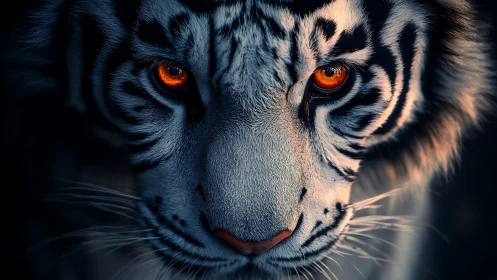 White tiger’s burning gaze cuts through the deep shadowed dusk