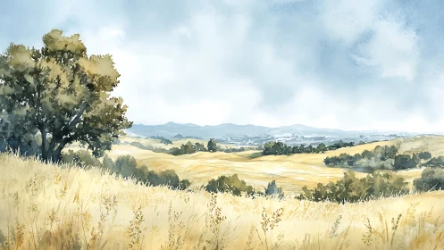 Watercolor landscape studies depth across sunlit golden fields